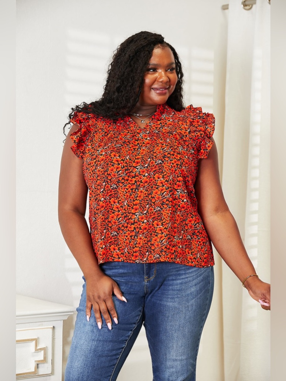 Double Take Floral Flutter Sleeve Notched Neck Blouse - Picture 8 of 12